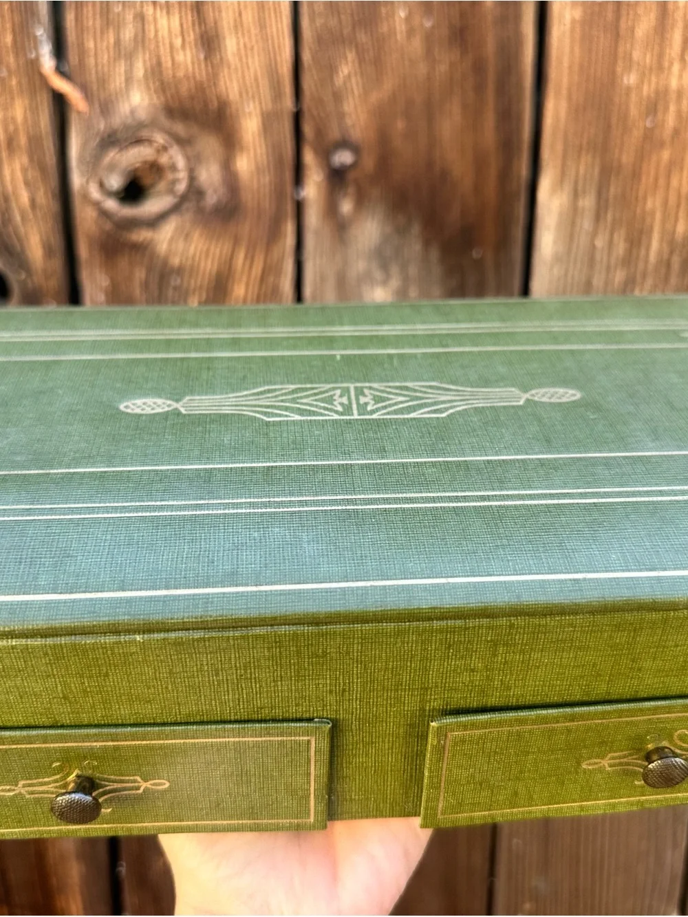 Vintage Cardboard/Leather-like Jewelry Box Green  1960's Trinket 2 Drawers